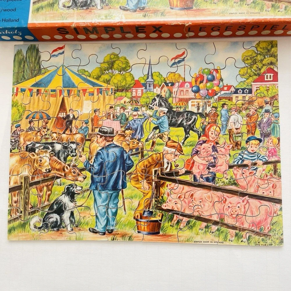Vtg Simplex Wooden Jigsaw Puzzle 56 Pieces Farm‎ Fair Made In Holland